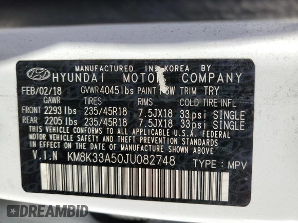 2018 Hyundai Kona Limited with VIN KM8K33A50JU082748, listed as a Copart auction lot 46531105 with 75,562 mi miles and Salvage Title. Bid and sale history available at carsss.com. Image 14.