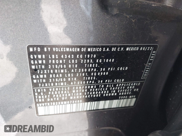 2022 Volkswagen Taos SE z VIN 3VVTX7B2XNM073480, wystawiony jako IAAI lot #41593882 z przebiegiem 93 363 mil mil oraz . Historia ofert i sprzedaży dostępna na DreamBid. Obrazek 9.