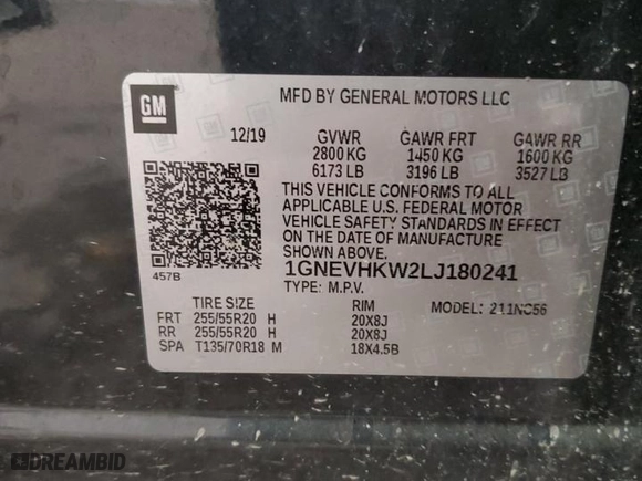 2020 Chevrolet Traverse LT Leather with VIN 1GNEVHKW2LJ180241, listed as a Copart auction lot 82531674 with 0 mi miles and Non Repairable. Bid and sale history available at carsss.com. Image 14.