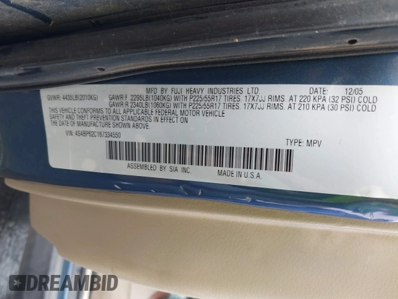 2006 Subaru Legacy Outback Limited with VIN 4S4BP62C167334550, listed as a IAAI auction lot 42797086 with 177,801 mi miles and . Bid and sale history available at DreamBid. Image 9.