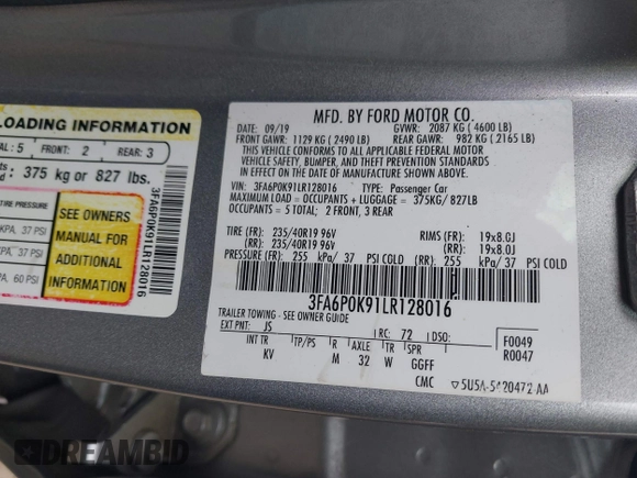 2020 Ford Fusion Titanium с VIN 3FA6P0K91LR128016, выставлен на аукционе IAAI как лот 41947905 с пробегом 79 622 миль миль и . История ставок и продаж доступна на DreamBid. Изображение 9.
