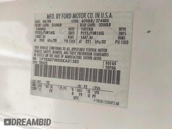 1999 Ford F-150 with VIN 1FTRX07W0XKA01385, listed as a IAAI auction lot 42247809 with 147,105 mi miles and . Bid and sale history available at DreamBid. Image 9.