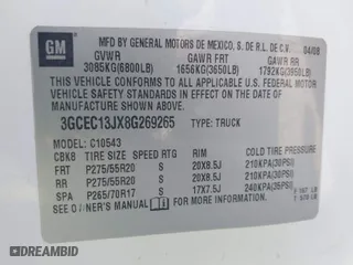 2008 Chevrolet Silverado 1500 LTZ with VIN 3GCEC13JX8G269265, listed as a IAAI auction lot 41866595 with 217,985 mi miles. Bid and sale history available at carsss.com. Image 9.