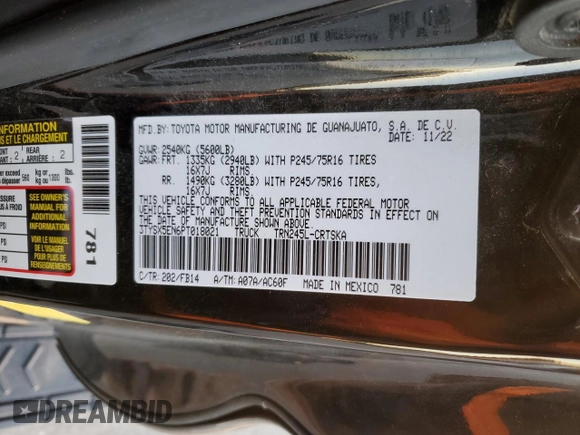 2023 Toyota Tacoma SR с VIN 3TYSX5EN6PT018021, выставлен на аукционе Copart как лот 88945205 с пробегом 45 008 миль миль и Списание • Salvage title. История ставок и продаж доступна на DreamBid. Изображение 12.