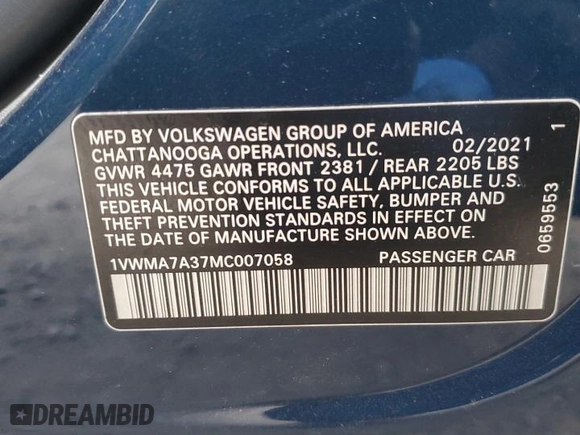 2021 Volkswagen Passat 2.0T R-Line with VIN 1VWMA7A37MC007058, listed as a Copart auction lot 44601465 with 29,839 mi miles and Salvage Title. Bid and sale history available at carsss.com. Image 14.