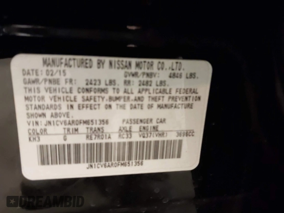 2015 Infiniti Q40 with VIN JN1CV6AR0FM651356, listed as a IAAI auction lot 41459350 with 1 mi miles. Bid and sale history available at carsss.com. Image 9.