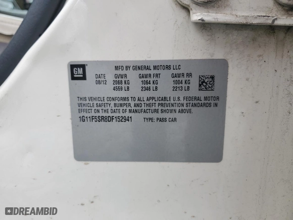 2013 Chevrolet Malibu ECO with VIN 1G11F5SR8DF152941, listed as a Copart auction lot 50490585 with 123,890 mi miles and Clean Title. Bid and sale history available at carsss.com. Image 12.