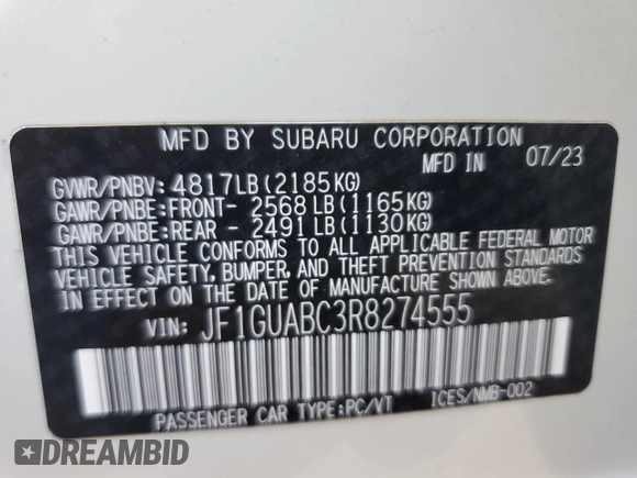 2024 Subaru Impreza with VIN JF1GUABC3R8274555, listed as a Copart auction lot 44628165 with 2,814 mi miles and Salvage Title. Bid and sale history available at carsss.com. Image 12.