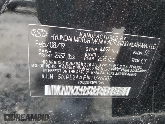 2019 Hyundai Sonata SE with VIN 5NPE24AF1KH776007, listed as a Copart auction lot 70625674 with 65,278 mi miles and Non Repairable. Bid and sale history available at DreamBid. Image 12.