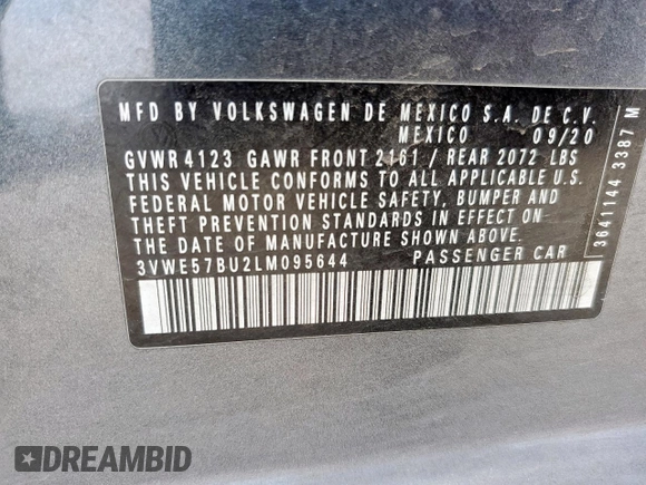 2020 Volkswagen Jetta SEL with VIN 3VWE57BU2LM095644, listed as a Copart auction lot 57269245 with 54,491 mi miles and Salvage title. Bid and sale history available at DreamBid. Image 12.