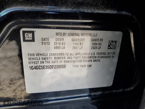 2013 Buick LaCrosse Leather with VIN 1G4GC5E35DF238558, listed as a Copart auction lot 55684675 with 174,848 mi miles and Salvage title. Bid and sale history available at DreamBid. Image 12.