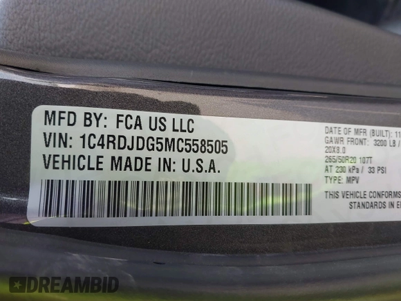 2021 Dodge Durango GT Plus with VIN 1C4RDJDG5MC558505, listed as a IAAI auction lot 42497694 with 45,413 mi miles and . Bid and sale history available at DreamBid. Image 9.