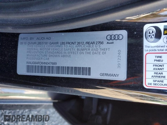 2017 Audi A6 Premium Plus with VIN WAUG8AFCXHN047689, listed as a Copart auction lot 43211325 with 130,169 mi miles and Salvage Title. Bid and sale history available at carsss.com. Image 12.