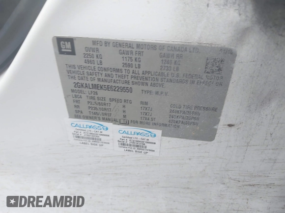 2014 GMC Terrain SLE with VIN 2GKALMEK5E6229550, listed as a IAAI auction lot 42418631 with 187,125 mi miles and . Bid and sale history available at DreamBid. Image 9.