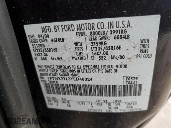 2000 Ford F-250 XL z VIN 1FTNX21L3YED48024, wystawiony jako Copart lot #85497574 z przebiegiem 181 072 mil mil oraz Nie do naprawy • Non repairable. Historia ofert i sprzedaży dostępna na DreamBid. Obrazek 12.