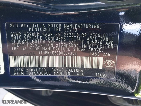 2013 Toyota Avalon XLE with VIN 4T1BK1EB3DU064353, listed as a IAAI auction lot 41740037 with 33,258 mi miles. Bid and sale history available at carsss.com. Image 9.