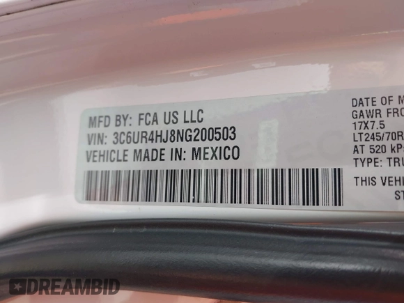2022 Ram 2500 Tradesman with VIN 3C6UR4HJ8NG200503, listed as a IAAI auction lot 41726564 with 157,884 mi miles and . Bid and sale history available at DreamBid. Image 9.