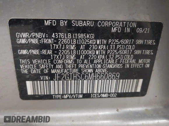 2021 Subaru Crosstrek Special Sports z VIN JF2GTHSC6MH660869, wystawiony jako IAAI lot #41358560 z przebiegiem 25 234 mil mil oraz . Historia ofert i sprzedaży dostępna na DreamBid. Obrazek 9.