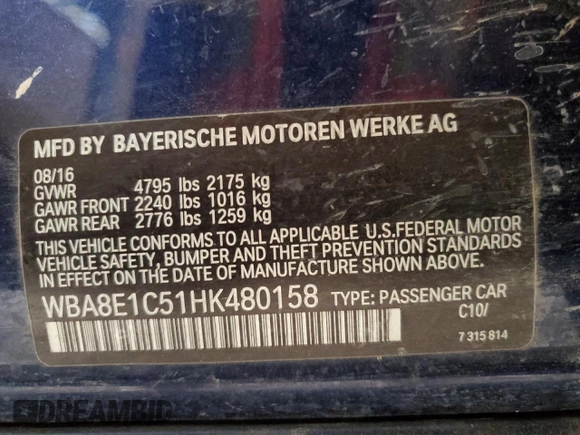 2017 BMW 3 Series 330e iPerformance with VIN WBA8E1C51HK480158, listed as a Copart auction lot 49490625 with 56,270 mi miles and Clean Title. Bid and sale history available at carsss.com. Image 12.