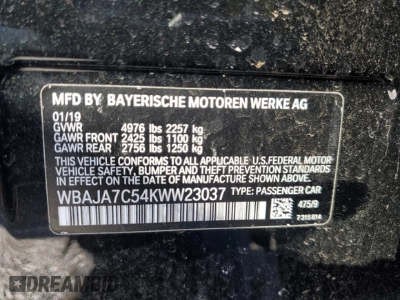 2019 BMW 5 Series 530i xDrive with VIN WBAJA7C54KWW23037, listed as a Copart auction lot 51291755 with 23,456 mi miles and Salvage Title. Bid and sale history available at DreamBid. Image 12.