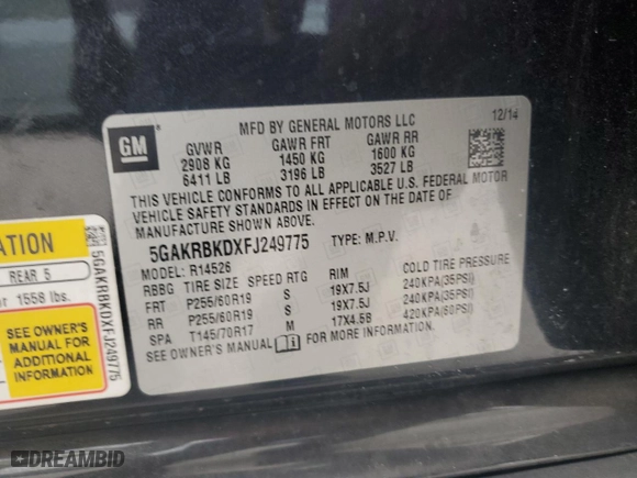 2015 Buick Enclave Leather with VIN 5GAKRBKDXFJ249775, listed as a Copart auction lot 88515505 with 198,502 mi miles and Salvage Title. Bid and sale history available at carsss.com. Image 15.