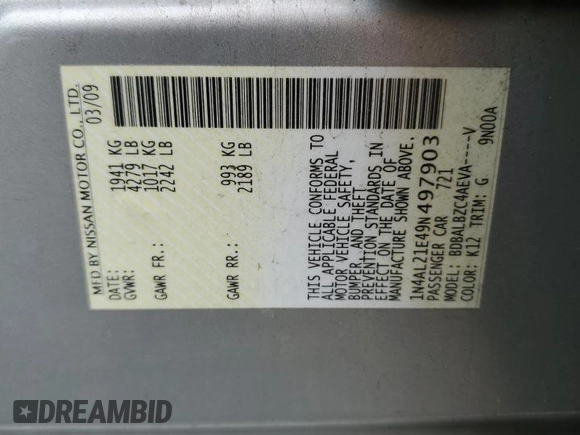 2009 Nissan Altima S with VIN 1N4AL21E49N497903, listed as a Copart auction lot 52022755 with 212,856 mi miles and Salvage Title. Bid and sale history available at DreamBid. Image 14.