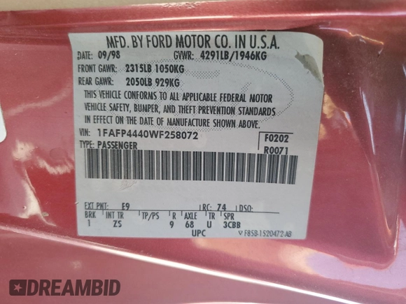 1998 Ford Mustang z VIN 1FAFP4440WF258072, wystawiony jako Copart lot #58944615 z przebiegiem 125 984 mil mil oraz Szkoda całkowita • Salvage title. Historia ofert i sprzedaży dostępna na DreamBid. Obrazek 12.
