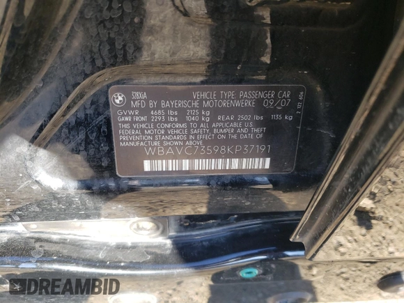 2008 BMW 3 Series 328xi with VIN WBAVC73598KP37191, listed as a Copart auction lot 41509205 with 211,172 mi miles and Salvage Title. Bid and sale history available at carsss.com. Image 12.