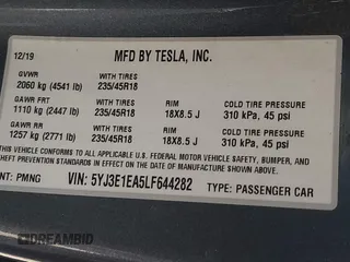 2020 Tesla Model 3 Standard Range Plus with VIN 5YJ3E1EA5LF644282, listed as a IAAI auction lot 41710124 with 69,969 mi miles and . Bid and sale history available at DreamBid. Image 9.