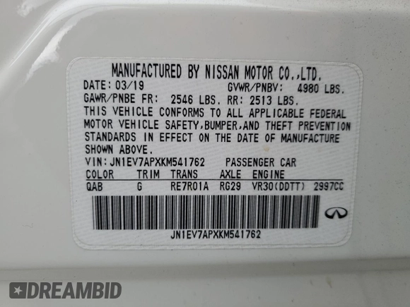 2019 Infiniti Q50 Luxe with VIN JN1EV7APXKM541762, listed as a Copart auction lot 59035515 with 59,295 mi miles and Salvage title. Bid and sale history available at DreamBid. Image 12.