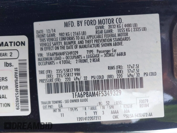 2015 Ford Mustang V6 with VIN 1FA6P8AM4F5349329, listed as a IAAI auction lot 41699016 with 112,008 mi miles and . Bid and sale history available at DreamBid. Image 9.
