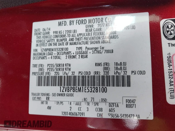 2014 Ford Mustang V6 with VIN 1ZVBP8EM1E5328100, listed as a IAAI auction lot 42075826 with 83,921 mi miles and . Bid and sale history available at DreamBid. Image 9.
