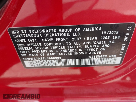 2020 Volkswagen Passat SE with VIN 1VWWA7A38LC003088, listed as a IAAI auction lot 42014412 with 47,522 mi miles and . Bid and sale history available at DreamBid. Image 9.