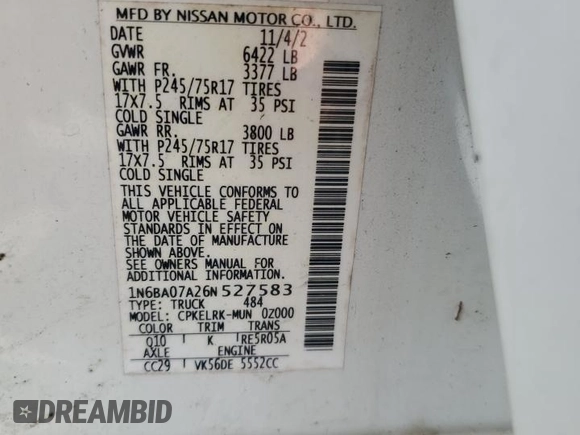 2006 Nissan Titan LE with VIN 1N6BA07A26N527583, listed as a Copart auction lot 53683675 with 171,515 mi miles and Non Repairable. Bid and sale history available at carsss.com. Image 13.