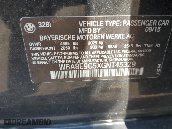 2016 BMW 3 Series 328i with VIN WBA8E9G5XGNT45329, listed as a Copart auction lot 63926275 with 52,085 mi miles and Salvage title. Bid and sale history available at DreamBid. Image 13.