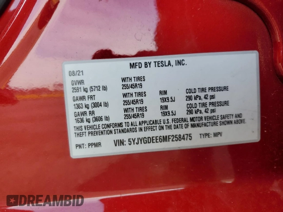 2021 Tesla Model Y Long Range with VIN 5YJYGDEE6MF258475, listed as a Copart auction lot 51347335 with 0 mi miles and Salvage Title. Bid and sale history available at carsss.com. Image 13.