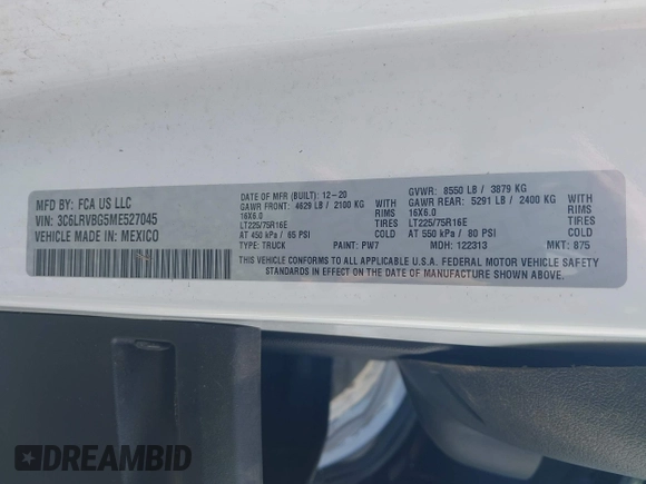 2021 Ram ProMaster Cargo with VIN 3C6LRVBG5ME527045, listed as a IAAI auction lot 42085297 with 27,399 mi miles. Bid and sale history available at carsss.com. Image 9.
