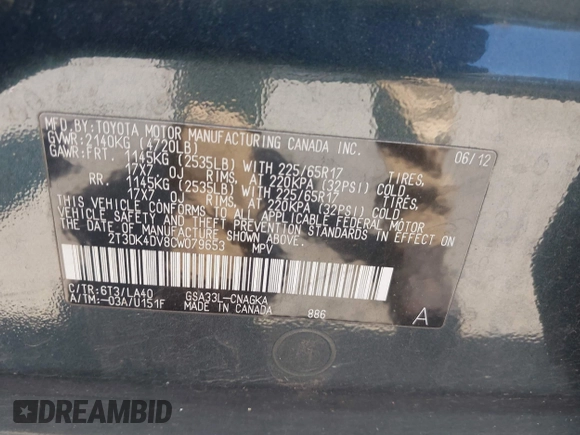 2012 Toyota RAV4 Limited with VIN 2T3DK4DV8CW079653, listed as a IAAI auction lot 42370154 with 191,672 mi miles and . Bid and sale history available at DreamBid. Image 9.