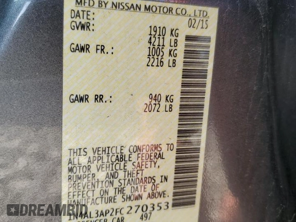 2015 Nissan Altima SV with VIN 1N4AL3AP2FC270353, listed as a Copart auction lot 53892255 with 170,990 mi miles and Clean Title. Bid and sale history available at DreamBid. Image 12.