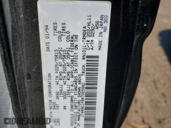 1994 Toyota Pickup DX z VIN JT4RN01P8R7065882, wystawiony jako Copart lot #56998705 z przebiegiem 86 406 mil mil oraz Czysty tytuł • Clean title. Historia ofert i sprzedaży dostępna na DreamBid. Obrazek 12.