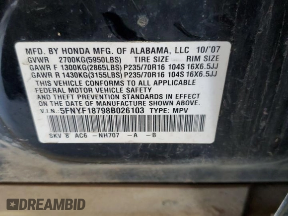 2008 Honda Pilot EX-L z VIN 5FNYF18798B026103, wystawiony jako Copart lot #51479174 z przebiegiem Nie podano mil oraz Czysty tytuł • Clean title. Historia ofert i sprzedaży dostępna na DreamBid. Obrazek 13.