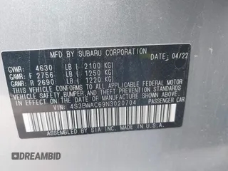 2022 Subaru Legacy Premium with VIN 4S3BWAC69N3020704, listed as a IAAI auction lot 42065338 with Not provided miles and . Bid and sale history available at DreamBid. Image 9.