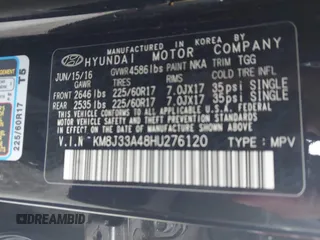 2017 Hyundai Tucson SE with VIN KM8J33A48HU276120, listed as a IAAI auction lot 41731715 with 108,486 mi miles. Bid and sale history available at carsss.com. Image 9.
