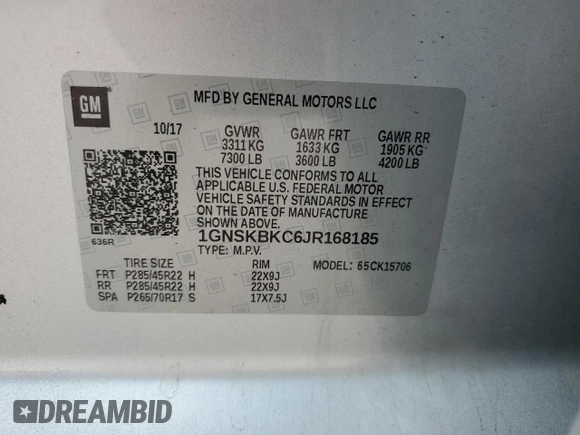 2018 Chevrolet Tahoe LT with VIN 1GNSKBKC6JR168185, listed as a Copart auction lot 55502305 with 96,905 mi miles and Salvage title. Bid and sale history available at DreamBid. Image 13.