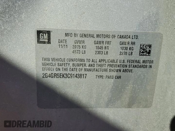 2012 Buick Regal z VIN 2G4GR5EK3C9143817, wystawiony jako Copart lot #48173615 z przebiegiem 67 092 mil mil oraz Szkoda całkowita • Salvage title. Historia ofert i sprzedaży dostępna na DreamBid. Obrazek 12.