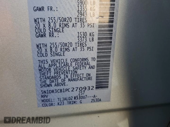 2023 Nissan Pathfinder SL with VIN 5N1DR3CB1PC270932, listed as a Copart auction lot 53356765 with 47,996 mi miles and Salvage title. Bid and sale history available at DreamBid. Image 13.