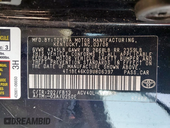 2009 Toyota Camry with VIN 4T1BE46K09U806397, listed as a Copart auction lot 53537275 with 245,171 mi miles and Clean Title. Bid and sale history available at DreamBid. Image 12.