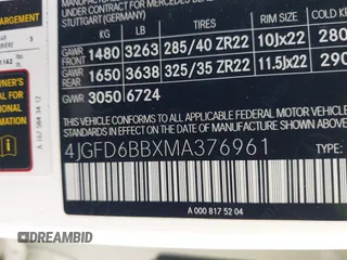 2021 Mercedes-Benz GLE 53 AMG with VIN 4JGFD6BBXMA376961, listed as a IAAI auction lot 42086876 with 66,115 mi miles and . Bid and sale history available at DreamBid. Image 9.