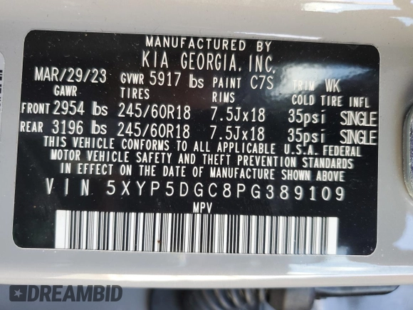 2023 Kia Telluride SX Prestige X-Pro z VIN 5XYP5DGC8PG389109, wystawiony jako Copart lot #45117445 z przebiegiem 65 110 mil mil oraz Szkoda całkowita • Salvage title. Historia ofert i sprzedaży dostępna na DreamBid. Obrazek 15.
