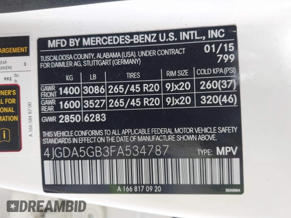 2015 Mercedes-Benz M 400 with VIN 4JGDA5GB3FA534787, listed as a IAAI auction lot 41084917 with 116,325 mi miles and . Bid and sale history available at DreamBid. Image 9.